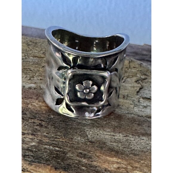 Handcrafted Israel 925 Sterling Silver Flower Design Wide Band Ring Size 6 - Picture 1 of 8